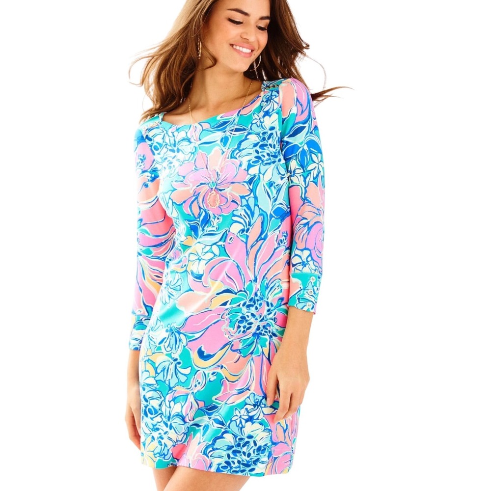 Lilly Pulitzer ESSIE Tunic‎ Dress Pink Blue Floral Print 3/4 Sleeve XXS Spandex
